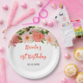 Coral Pink Red Roses Floral Birthday Pappteller (Party)