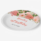 Coral Pink Red Roses Floral Birthday Pappteller (Schrägansicht)