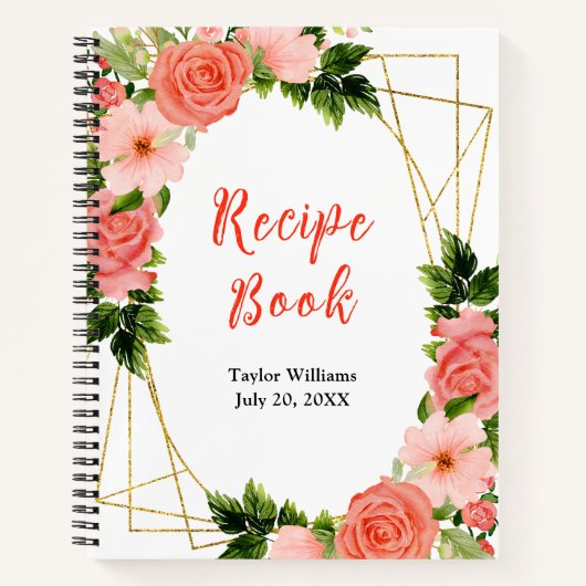 Coral Pink Red Roses Floral Recipe Book Notizblock (Vorderseite)