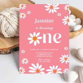 Coral Pink Retro Groovy Daisy Florals 1. Geburtsta Einladung