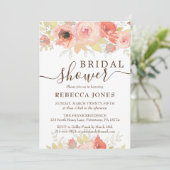 Coral Pink Rose and Gold Blätter Brautparty Einladung (Stehend Vorderseite)