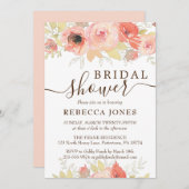 Coral Pink Rose and Gold Blätter Brautparty Einladung (Vorne/Hinten)