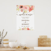Coral Pink Rose Gold Blätter Blumenzehen Willkomme Poster (Küche)