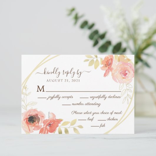 Coral Pink Rose und Gold Blätter Blumenzehen RSVP Karte (Stehend Vorderseite)