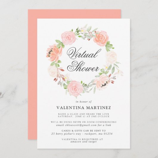 Coral Pink Rose Wreath Virtual Bridal Baby Dusche Einladung (Vorne/Hinten)