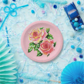 Coral Pink Roses mit Jade Green Blätter Pappteller (Party)
