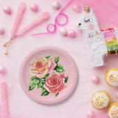 Coral Pink Roses mit Jade Green Blätter Pappteller (Party)