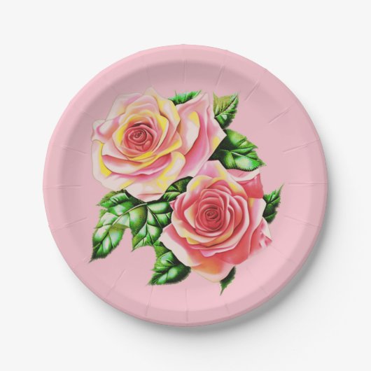 Coral Pink Roses mit Jade Green Blätter Pappteller (Vorderseite)
