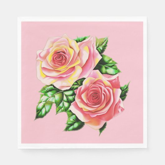 Coral Pink Roses mit Jade Green Blätter Serviette (Vorderseite)