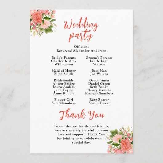 Coral Pink Rote Rosen Blumenzehen Programm (Rückseite)