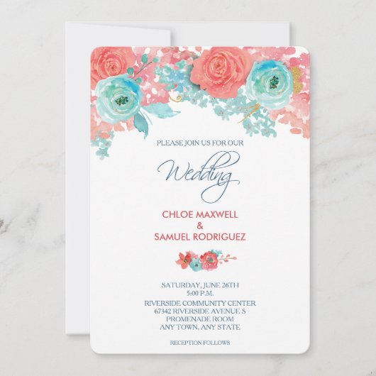 Coral Pink und Aqua Floral Wedding Einladung (Vorderseite)