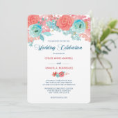 Coral Pink und Aqua Floral Wedding Einladung (Stehend Vorderseite)