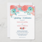 Coral Pink und Aqua Floral Wedding Einladung (Vorderseite)
