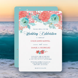 Coral Pink und Aqua Floral Wedding Einladung