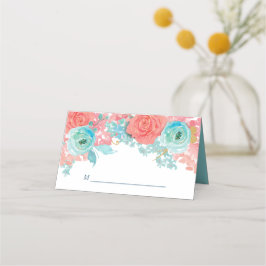 Coral Pink und Aqua Floral Wedding Platzkarte