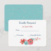 Coral Pink und Aqua Floral Wedding RSVP Karte (Vorne/Hinten)