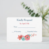 Coral Pink und Aqua Floral Wedding RSVP Karte (Stehend Vorderseite)