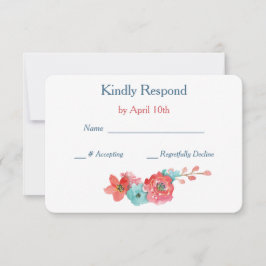 Coral Pink und Aqua Floral Wedding RSVP Karte