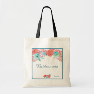 Coral Pink und Aqua Floral Wedding Tragetasche