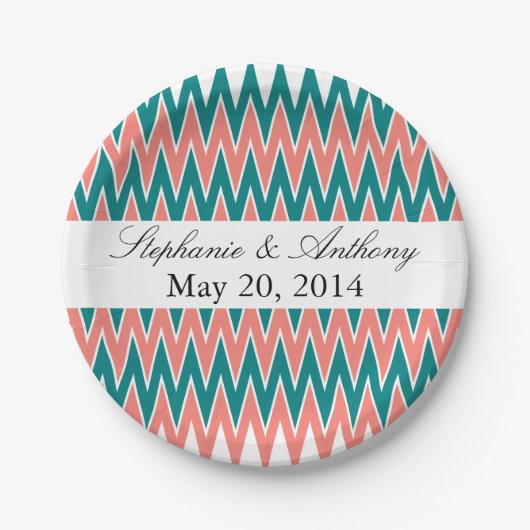 Coral Pink und Aquamarine Zigzag Wedding Pappteller (Vorderseite)