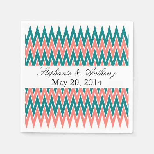 Coral Pink und Aquamarine Zigzag Wedding Serviette (Vorderseite)