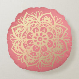 Coral Pink und Gold Mandala Blume Rundes Kissen