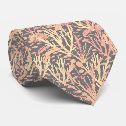Coral Pink und Grau Ocean Reef Print Krawatte (Gerollt)
