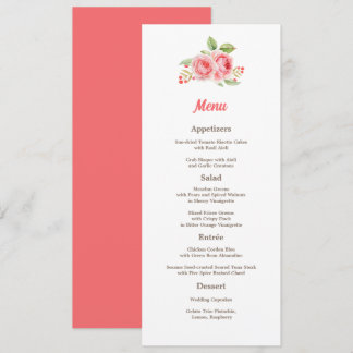 Coral Pink Watercolor Rose Hochzeitmenü Karte