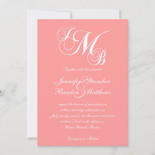 Coral Pink White Three Letter Wedding Invitations Einladung (Vorderseite)