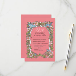 Coral Pink Wildblume Bird Border Floral Wedding RSVP Karte