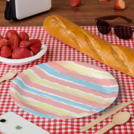 Coral Pink Yellow Blue Watercolor Streifen Muster Pappteller