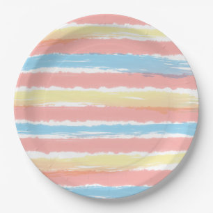 Coral Pink Yellow Blue Watercolor Streifen Muster Pappteller