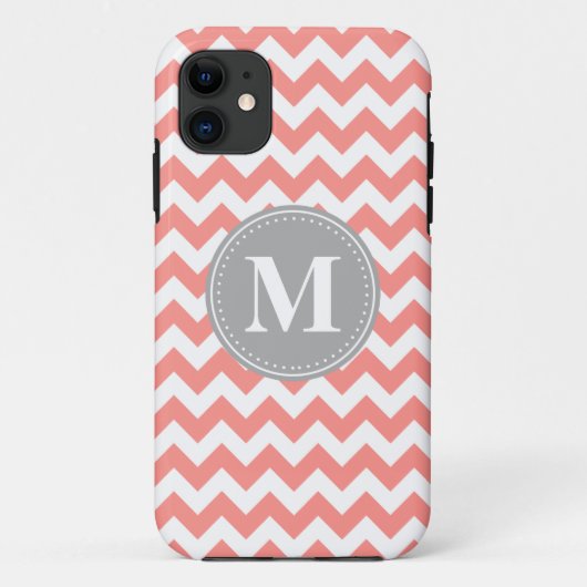 Coral Pink Zickzack Muster Grau Monogramm Case-Mate iPhone Hülle (Rückseite)