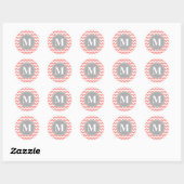 Coral Pink Zickzack Zigzag Grau Monogram Runder Aufkleber (Blatt)