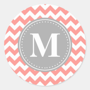 Coral Pink Zickzack Zigzag Grau Monogram Runder Aufkleber
