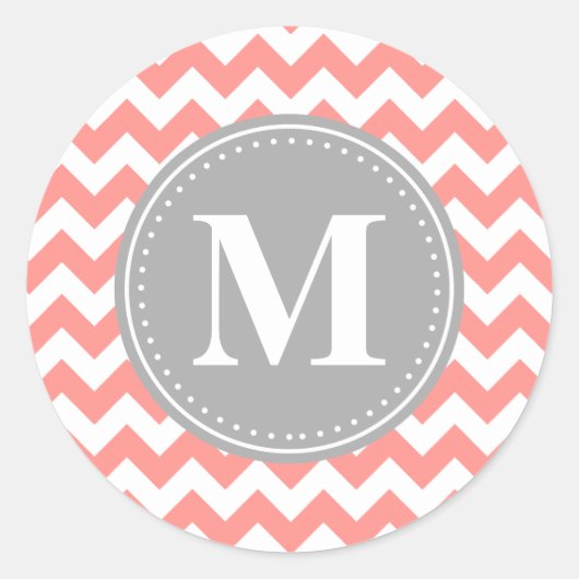 Coral Pink Zickzack Zigzag Grau Monogram Runder Aufkleber (Vorderseite)
