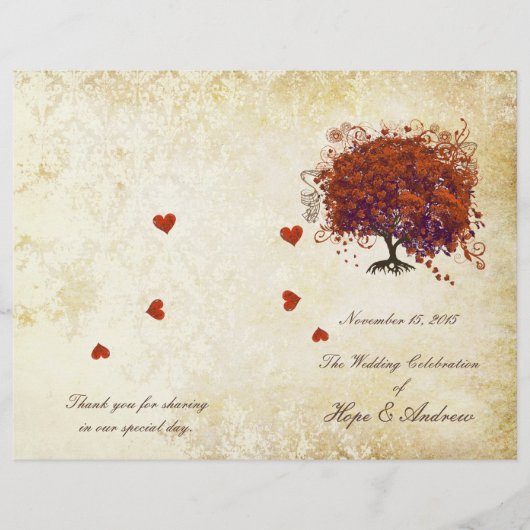 Coral Plum Heart Leaf Tree Gold Wedding Program (Vorderseite)
