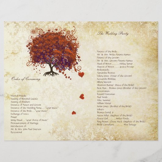 Coral Plum Heart Leaf Tree Gold Wedding Program (Rückseite)
