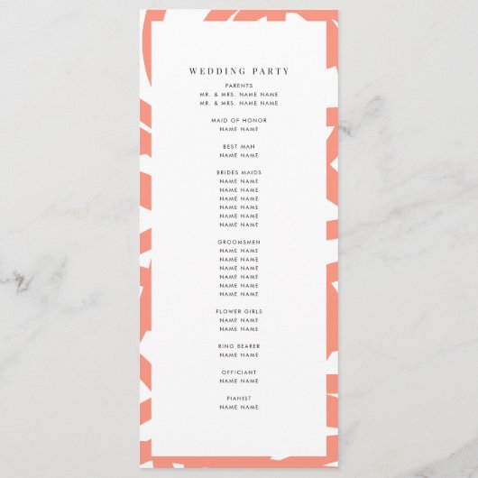 Coral Pop Modernes Abstraktes Hochzeitsprogramm Programm (Rückseite)