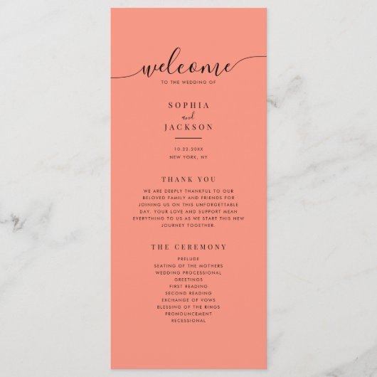 Coral Pop Modernes Minimalistisches Hochzeitsprogr Programm (Vorderseite)