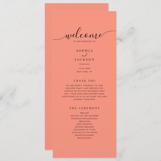 Coral Pop Modernes Minimalistisches Hochzeitsprogr Programm (Vorne/Hinten)