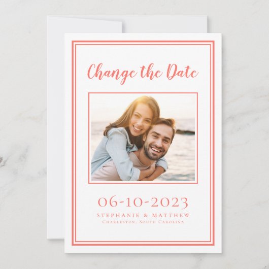 Coral Postponed Modern Wedding Foto Simple Save The Date (Vorderseite)