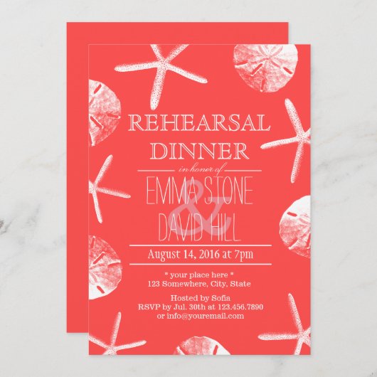 Coral Red Beach Thema Hochzeit Probe Dinner Einladung (Vorne/Hinten)