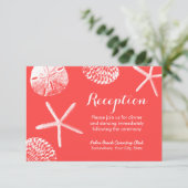 Coral Red Beach Theme Seashells Hochzeitsempfang Einladung (Stehend Vorderseite)