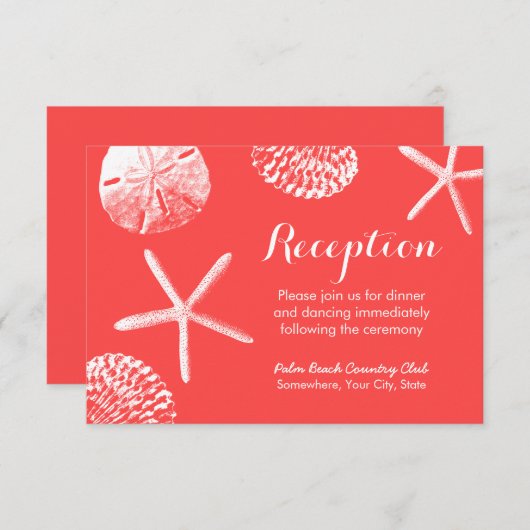 Coral Red Beach Theme Seashells Hochzeitsempfang Einladung (Vorne/Hinten)