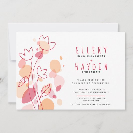 Coral Red Blume Grafik Konfetti Blütenblätter Hoch Einladung (Vorderseite)