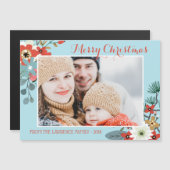 Coral Red Floral Blue Christmas Foto Magnet (Vorne/Hinten)
