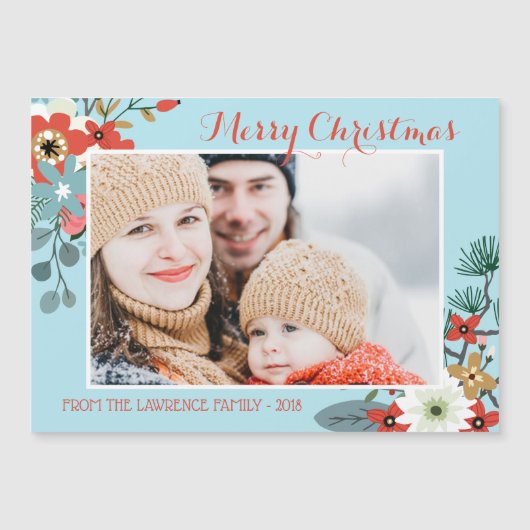 Coral Red Floral Blue Christmas Foto Magnet (Vorderseite)