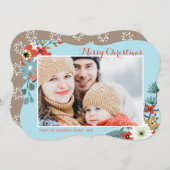 Coral Red Floral Blue Weihnachten Foto (Vorne/Hinten)