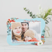 Coral Red Floral Blue Weihnachten Foto (Stehend Vorderseite)